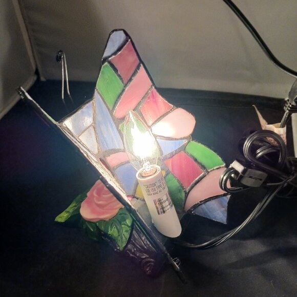 Vintage Stained Tiffany Style Glass Butterfly Table Desk Lamp - Picture 12 of 14